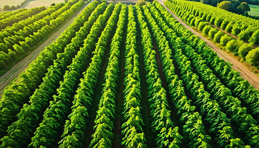 Aerial perspective of an agroforestry system with trees and crops