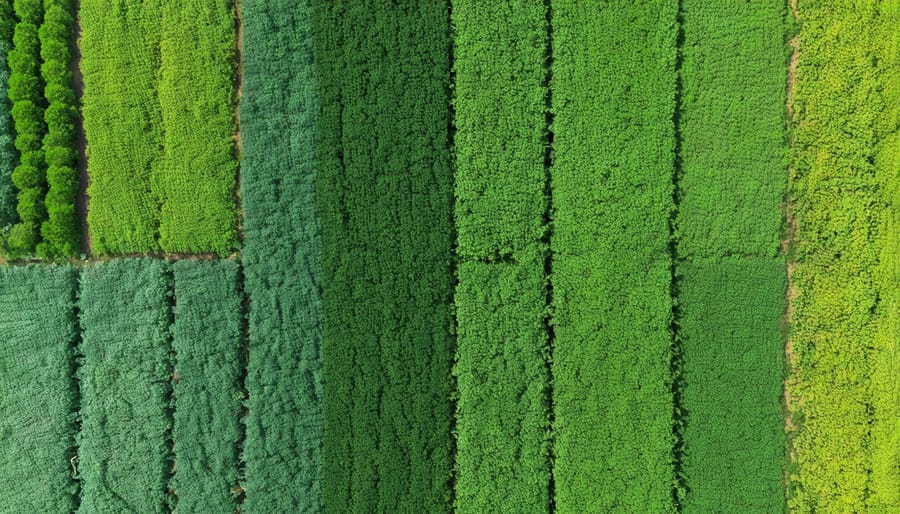 Colorful aerial view showing different cover crop sections on an Alberta farm