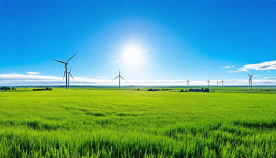 Scenic view of an Alberta farm field with wind turbines representing sustainable energy