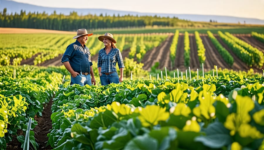 Collage of successful organic farms in Alberta with farmers standing proudly in their fields