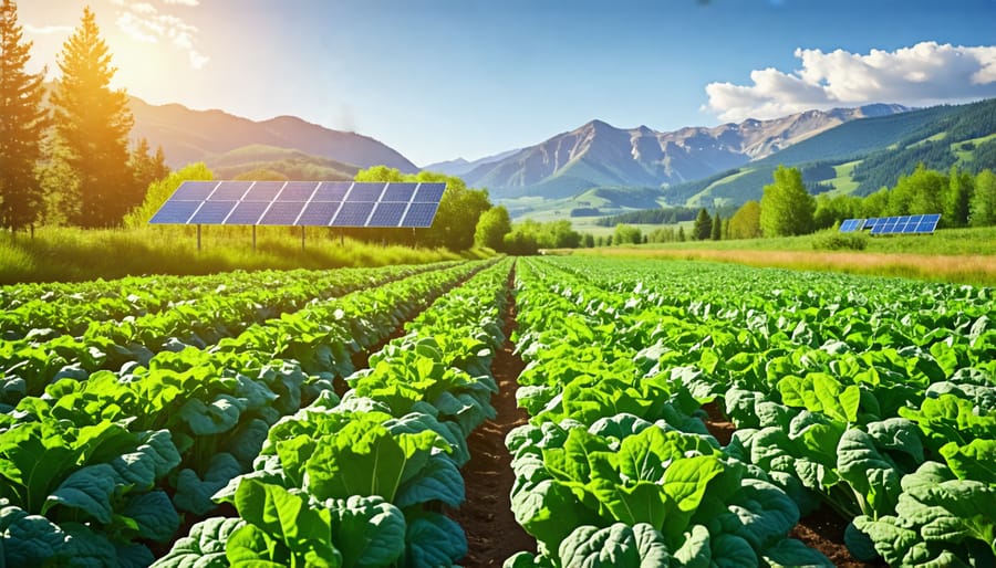 Scenic view of a thriving Alberta organic farm with renewable energy infrastructure