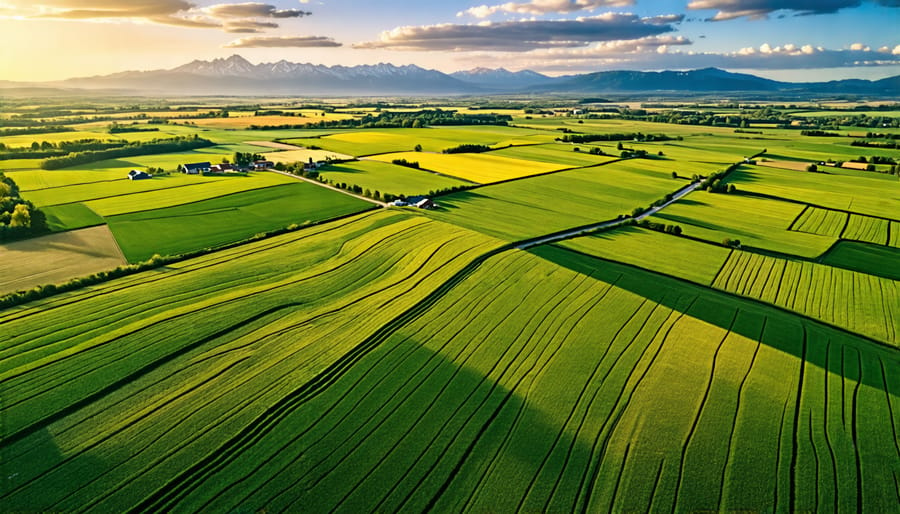 An aerial view of farm fields in Alberta undergoing organic transition