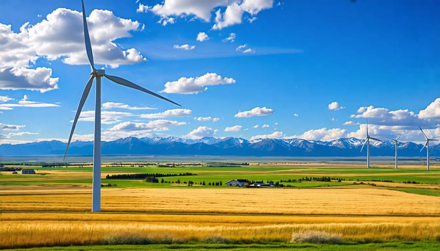 A wide view of wind turbines situated in a rural Alberta setting with farmland visible