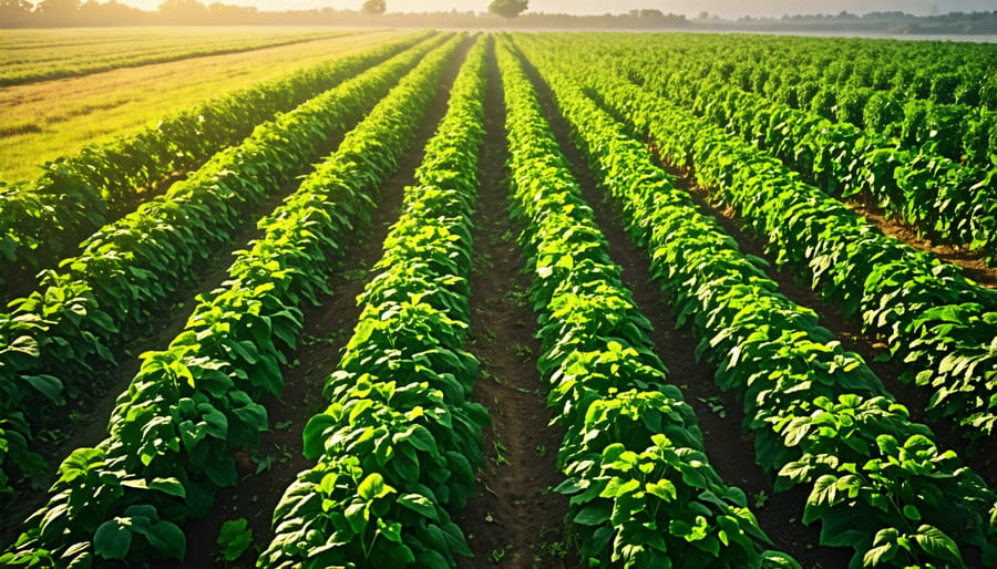 Alley cropping system with alternating rows of crops and trees