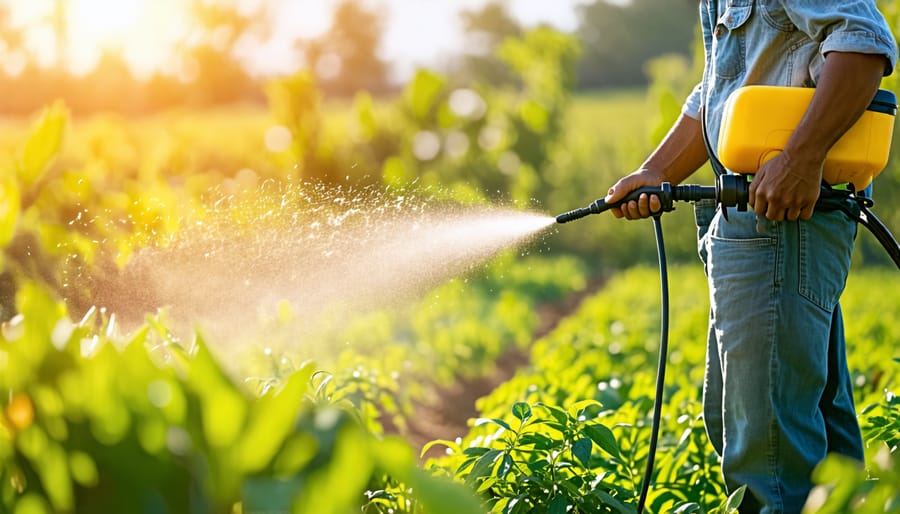 Farmer spraying homemade organic pesticide on crops for natural pest management