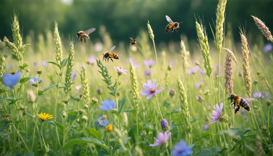 Biodiverse crop field with various plants and pollinators, demonstrating regenerative agriculture practices