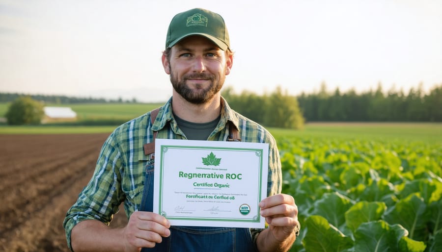 Smiling Canadian farmer holding a Regenerative Organic Certified (ROC) certificate, representing achievement and pride