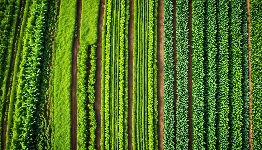 Aerial view of a vibrant no-till farm in Canada with diverse crops and healthy soil