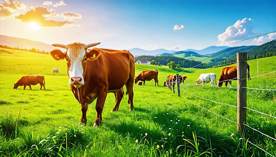 Herd of cattle rotational grazing in a managed pasture with temporary electric fencing