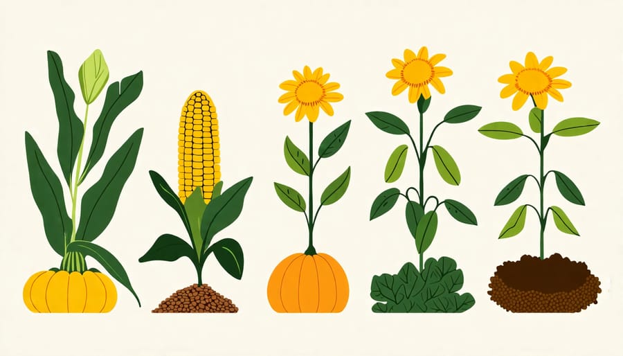 Diagram of companion planting with corn, beans, and squash