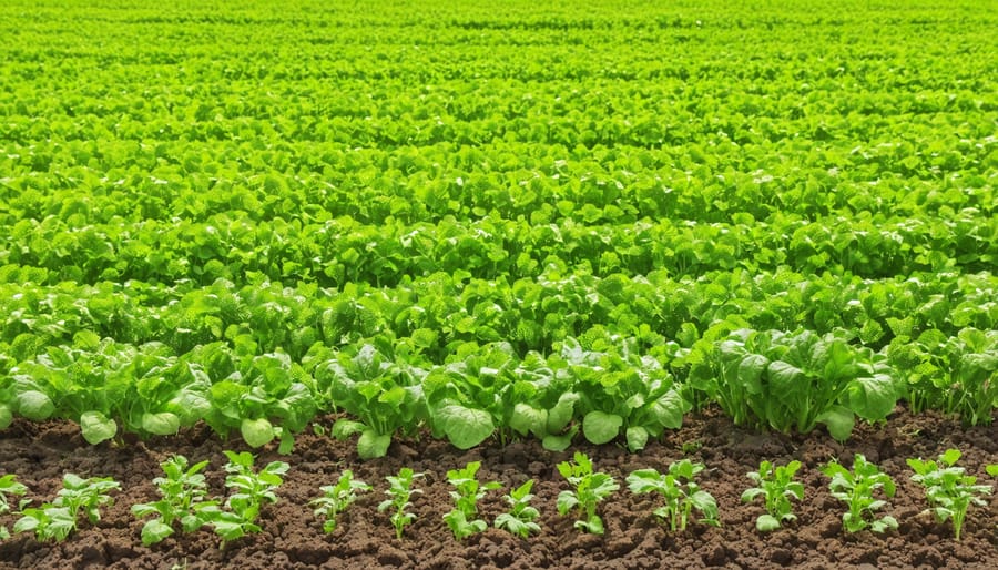 Diverse cover crop species thriving in a no-till vegetable field, suppressing weeds and enriching soil