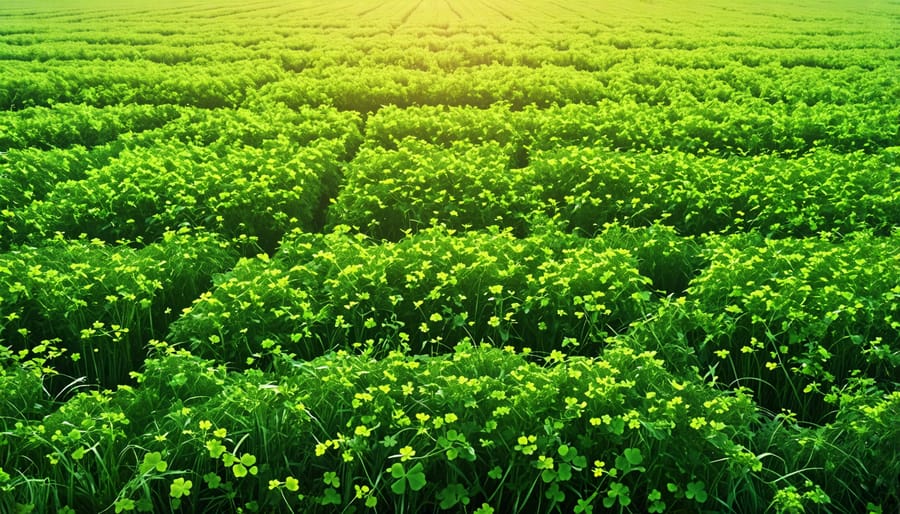 Cover crops growing vigorously, providing soil cover and nutrients