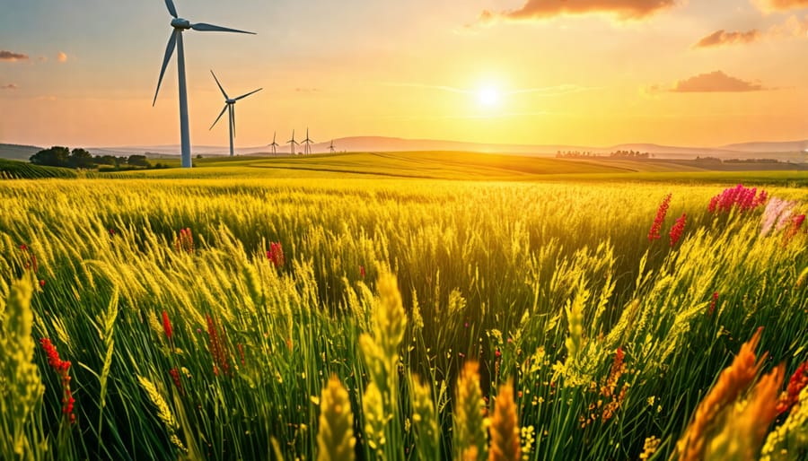 Cover crops growing in a field with a wind turbine generating renewable energy