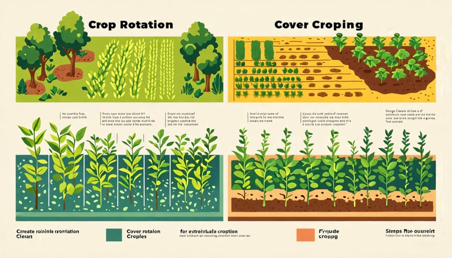 Illustration of crop rotation and cover cropping techniques used in organic no-till farming