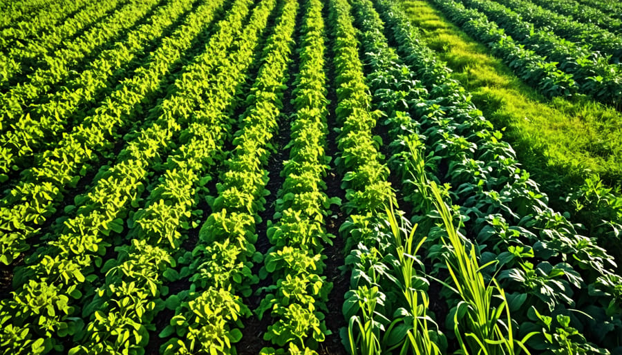 Colorful patchwork of cover crops growing in a farm field, viewed from above