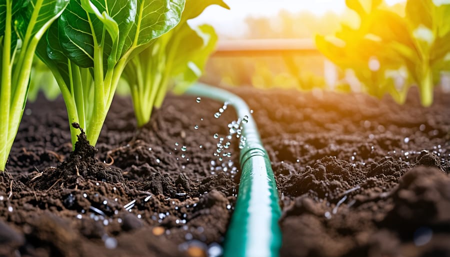 Close-up of drip irrigation tubing delivering water to crops