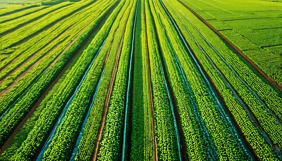 Farm field utilizing efficient drip irrigation for targeted watering