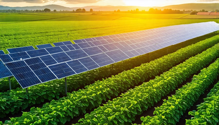 Solar panels installed above crops in a farmland, illustrating dual-use land