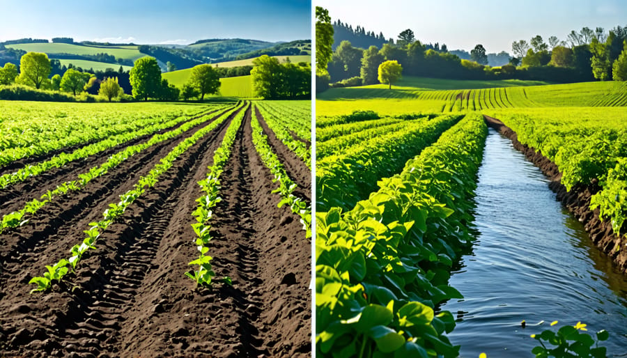 Comparison of a farm before and after implementing bioinfiltration practices, demonstrating enhanced water quality and soil health