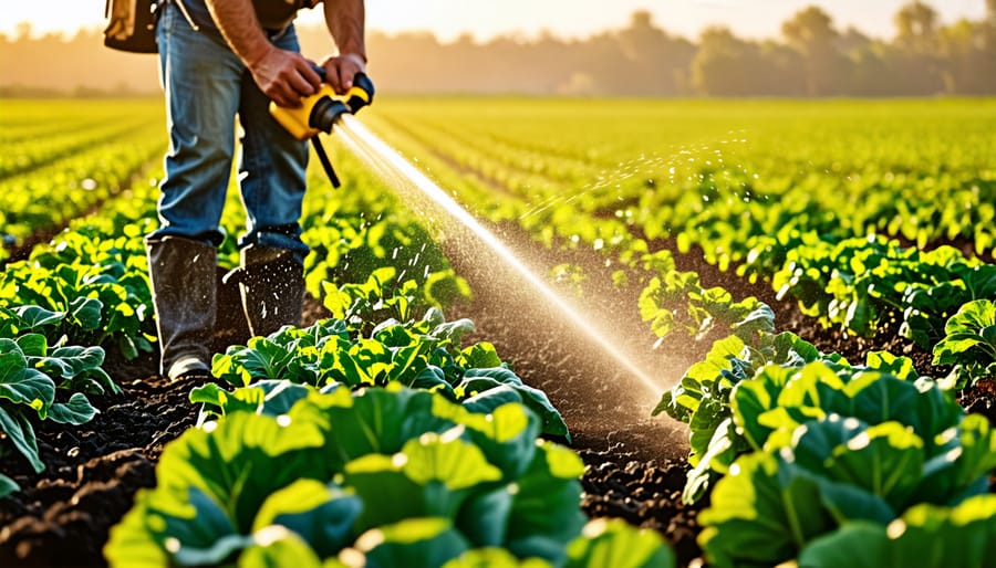 Farmer setting up portable sprinklers for irrigating crops