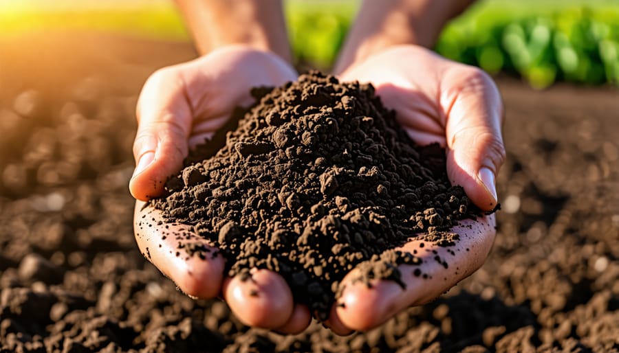 Farmer evaluating soil quality as part of implementing organic management practices