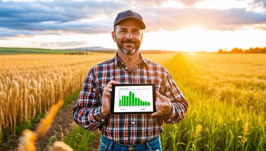 Farmer analyzing carbon footprint data on a tablet in a field