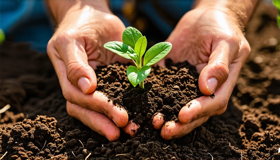 Farmer's hands holding healthy soil with a young plant, symbolizing soil health and sustainability