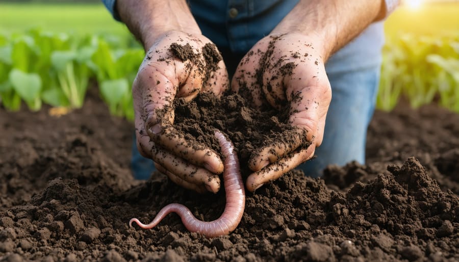 Farmer's hands holding healthy soil with earthworm, symbolizing soil health and fertility