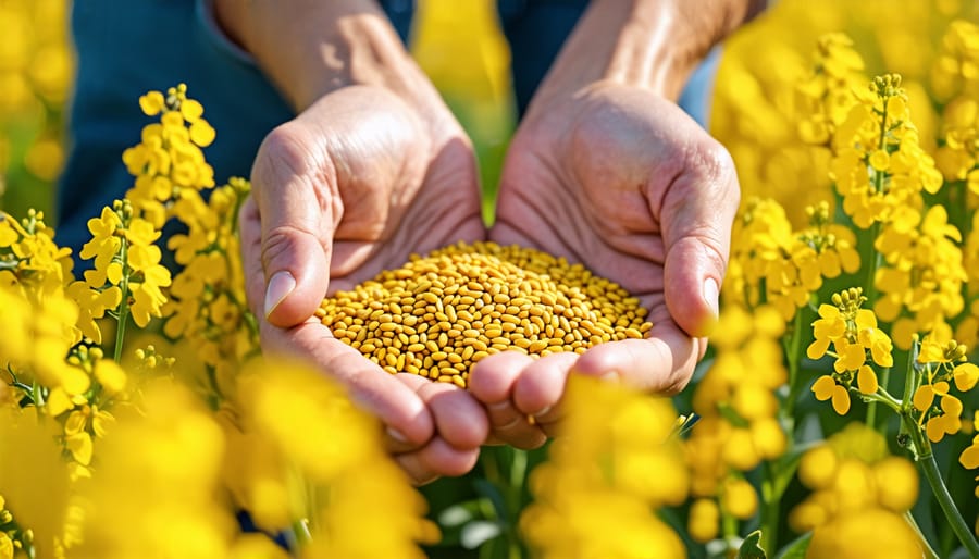 Farmer inspecting canola seeds for quality before seeding