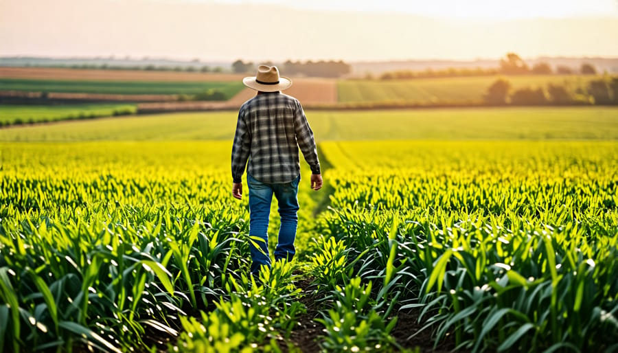 Alberta farmer assessing the health and growth of cover crops in their field