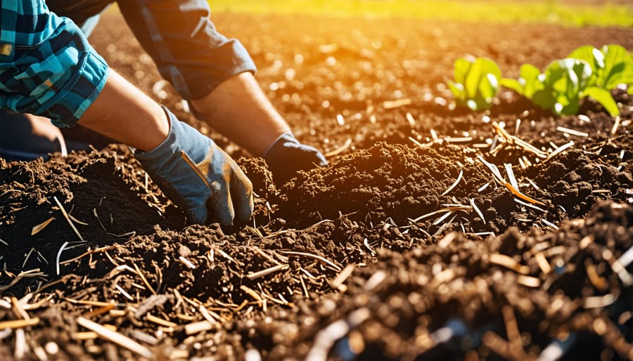 Farmer examining soil moisture retention under organic mulch layer