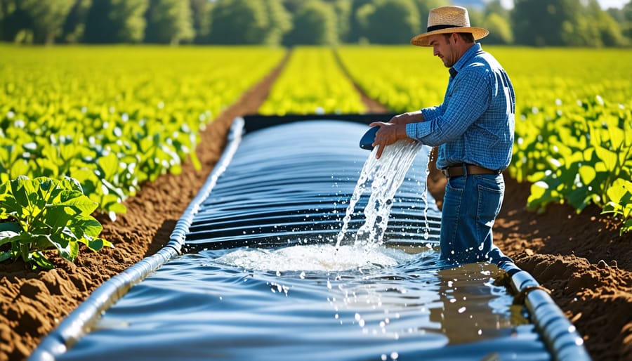 Farmer checking the components of a rainwater harvesting system