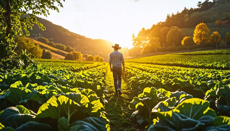 Farmer with headphones walking through a lush regenerative farm, possibly listening to a podcast