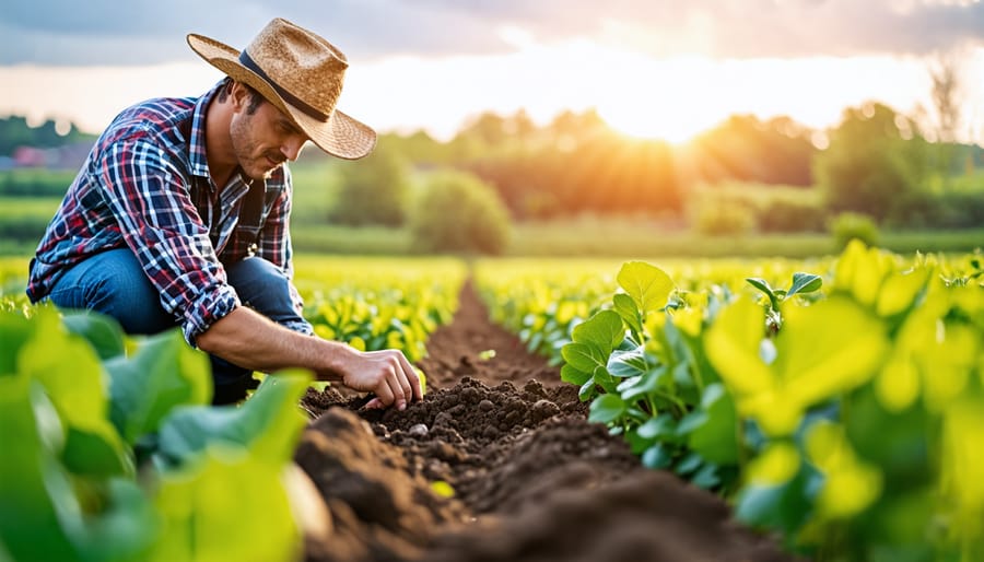 Farmer monitoring groundwater levels using a soil moisture sensor