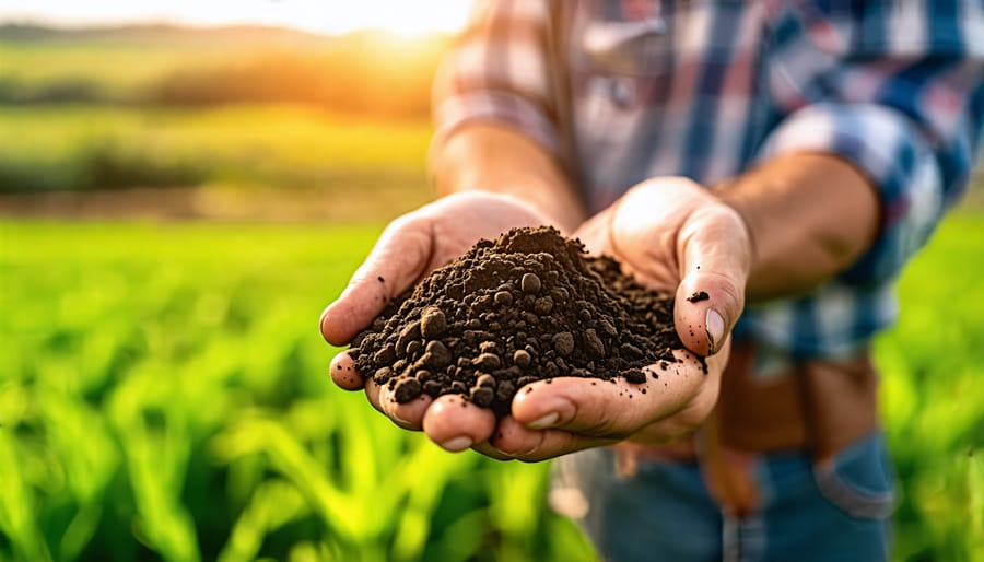 Alberta farmer holding a rich soil sample in a thriving agricultural field