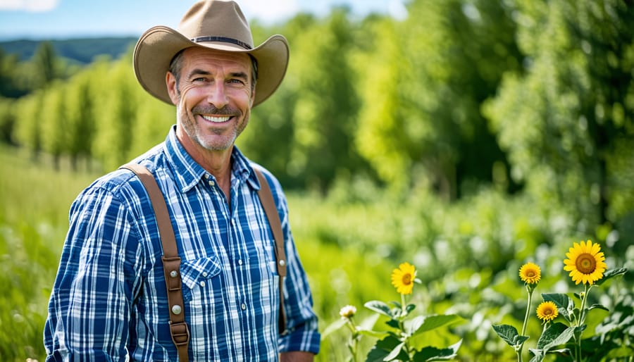 Farmer proudly showcasing their diverse farm woodlot