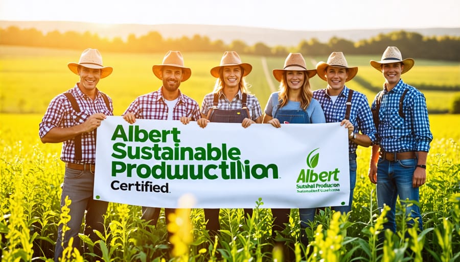 Group of smiling farmers holding a banner celebrating their Albert Sustainable Production Certification