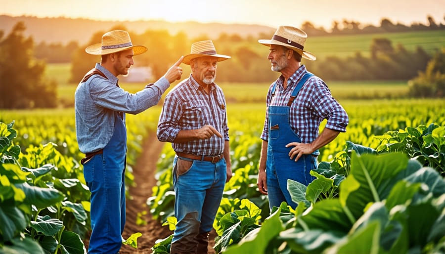 Alberta farmers collaborating in a field to share knowledge and resources