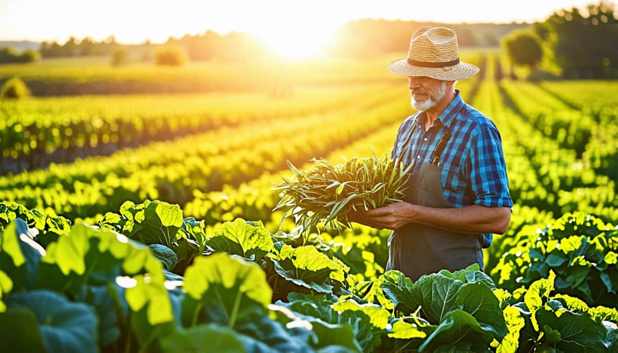 Group of farmers and agricultural experts discussing organic practices in a field