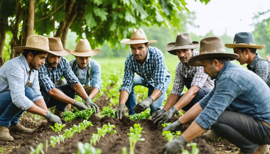 Farmers gathered at an outdoor workshop, learning about sustainable organic farming practices