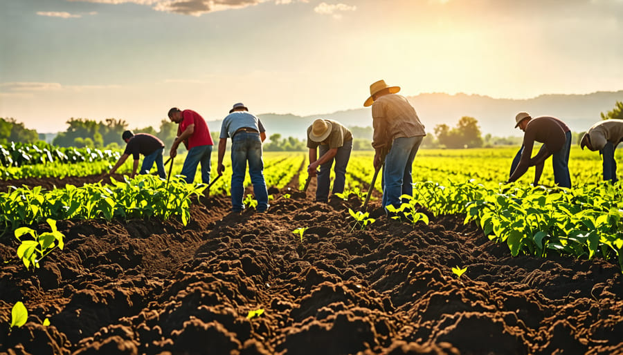 Collaborative effort of farmers and volunteers working in a field for sustainable agriculture