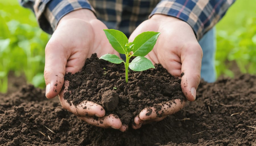 Farmer's hands cupping dark, nutrient-rich soil, representing the focus on soil health in organic agriculture