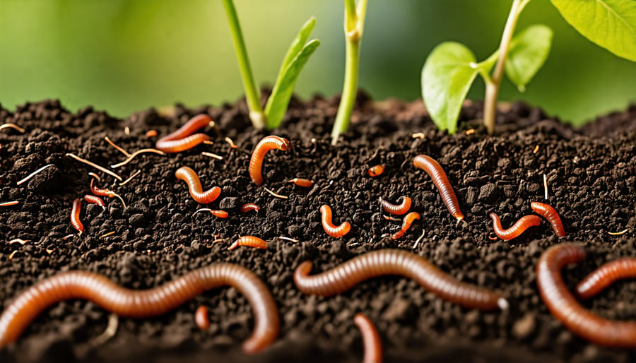 Healthy soil structure with earthworms and plant roots