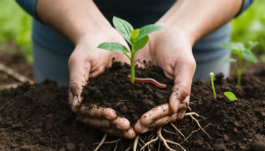 Healthy soil with earthworms and plant roots, symbolizing soil vitality