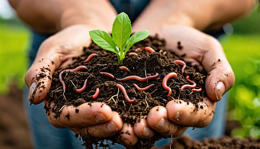 Handful of rich, biologically active soil with earthworms and plant roots