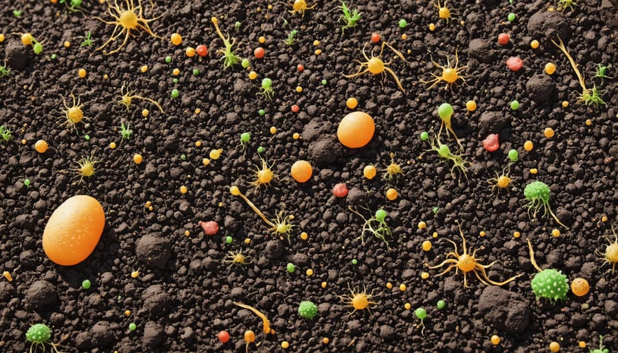 Magnified image of soil microbes, fungi, and organic matter in healthy soil