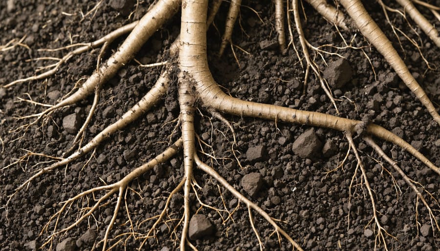 Healthy soil structure with organic matter, promoting carbon sequestration