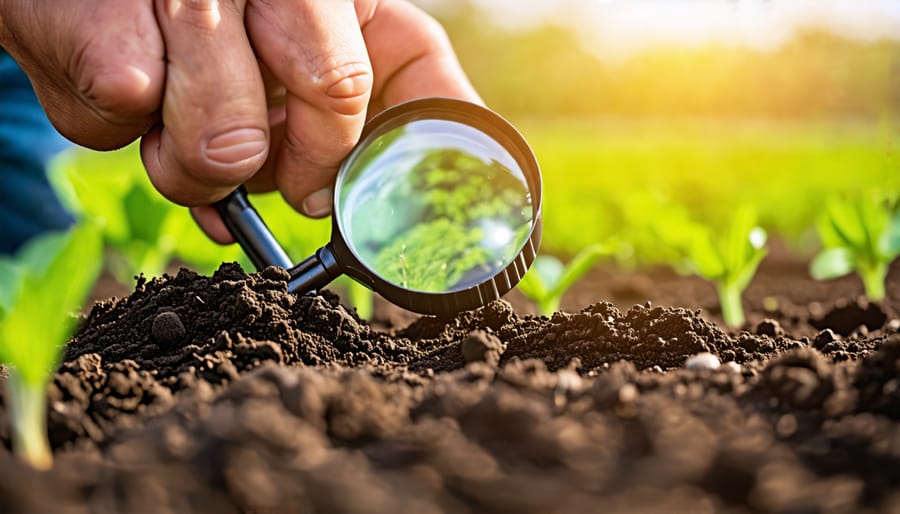 A farmer using a magnifying glass to inspect soil health in the field