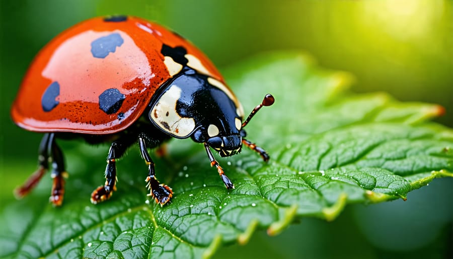 Ladybug crawling on a green leaf, symbolizing natural pest control