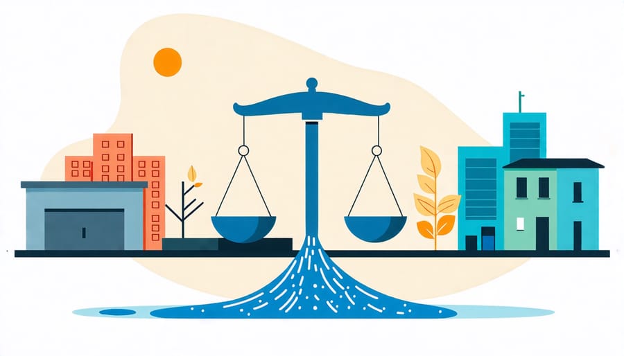 Scales of justice with a water droplet, symbolizing the importance of legal compliance in rainwater harvesting